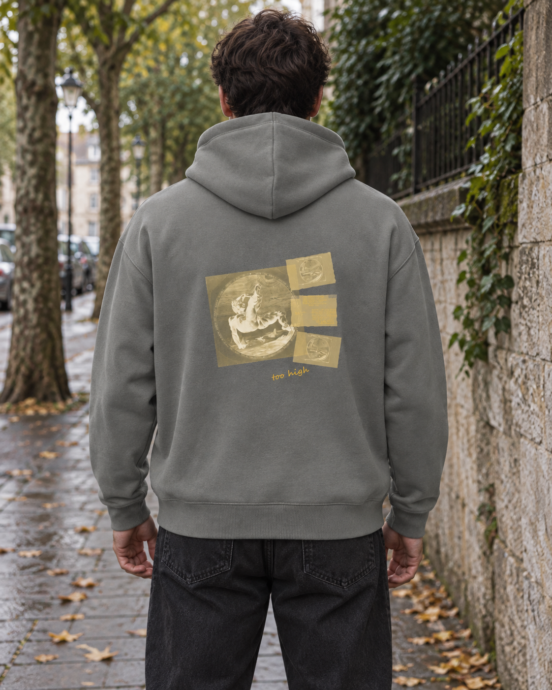 Hoodie - 06 TOO HIGH – Gray – miljøbillede bagfra
